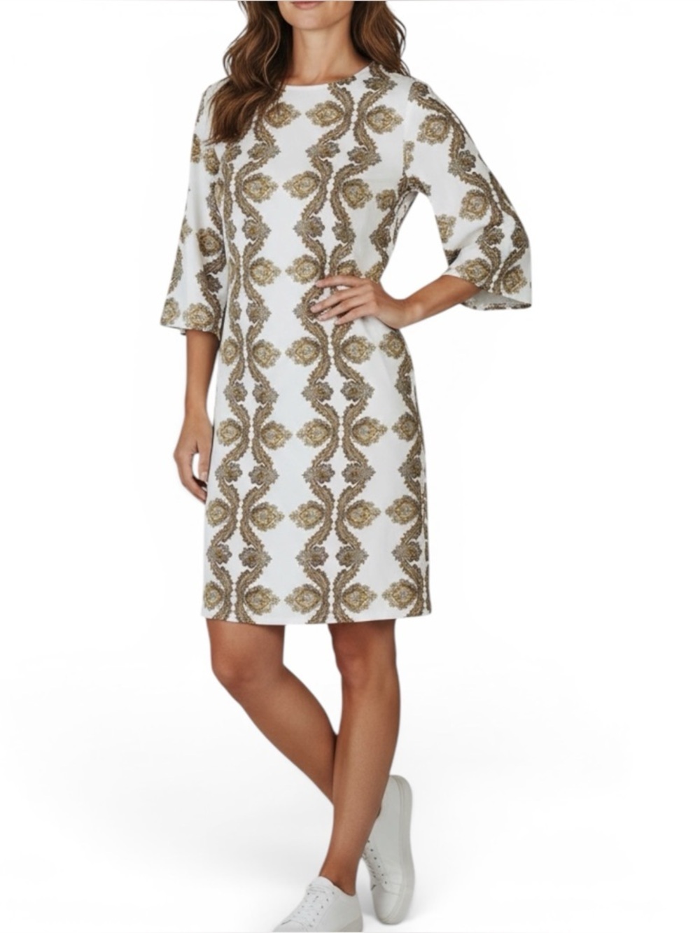 H&M Sz 8 white & brown dress lightweight casual career rayon |  EUC